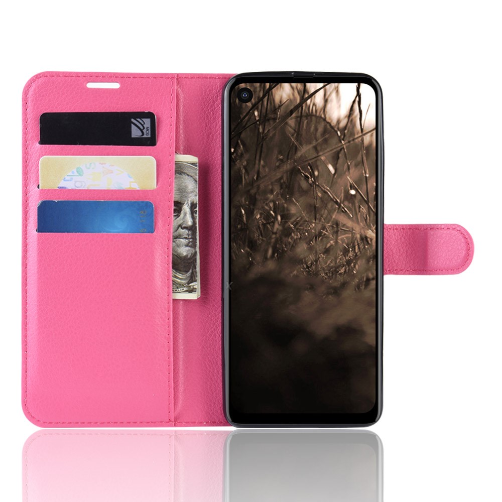  Motorola One Vision - Litchi Plnboksfodral - Rosa - Teknikhallen.se