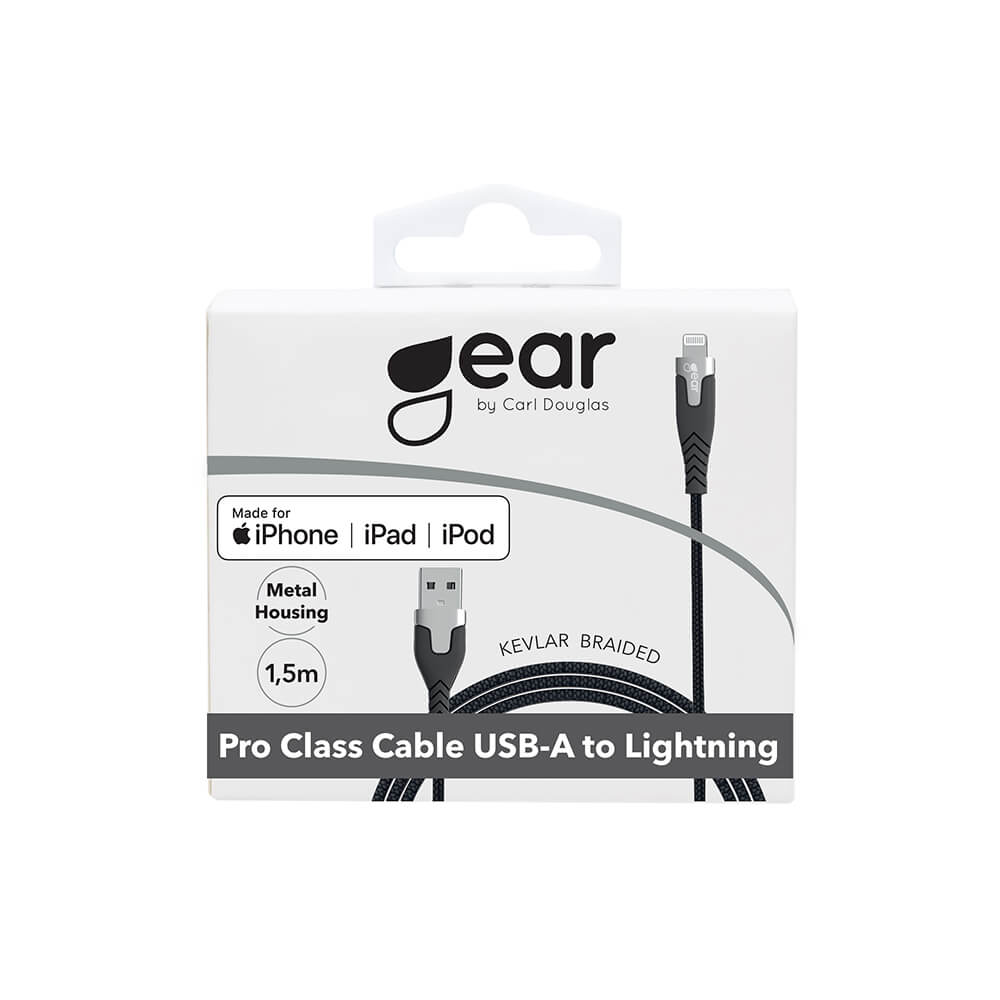 Gear GEAR Laddkabel PRO MFi USB-A - Lightning 1.5m Kevlarkabel Svart - Teknikhallen.se