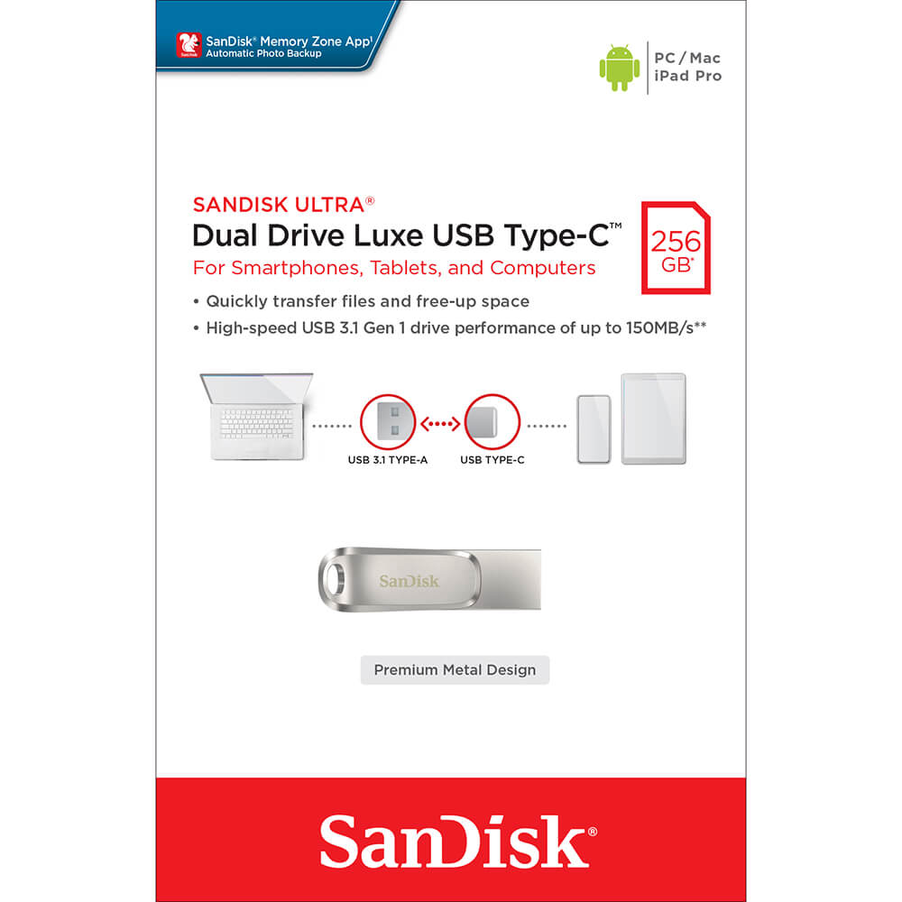 SanDisk SanDisk USB Dual Drive Luxe 256 GB 150MB/s USB-C / USB 3.1 - Teknikhallen.se