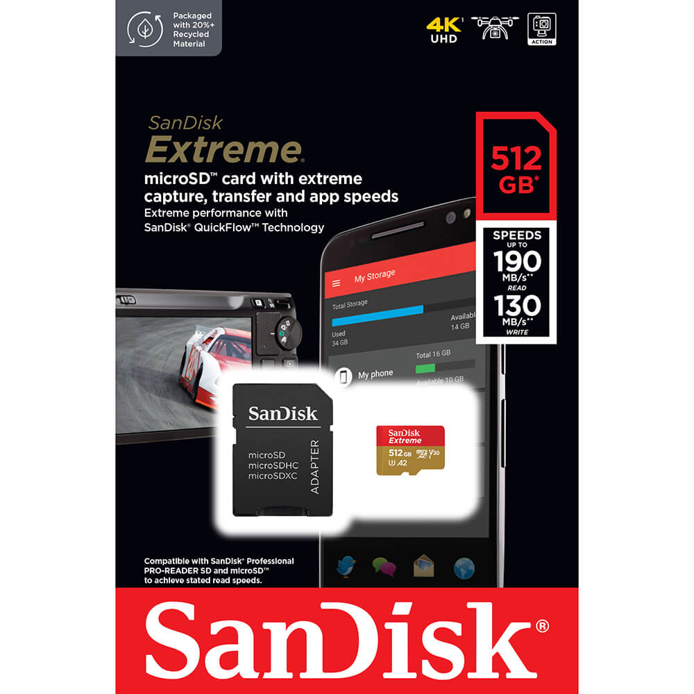 SanDisk SanDisk MicroSDXC Extreme 512 GB 190MB/s Inkl. Adapter - Teknikhallen.se