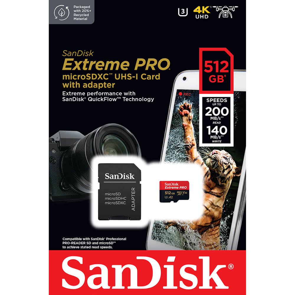 SanDisk SanDisk MicroSDXC Extreme Pro 512 GB 200MB/s Inkl. Adapter - Teknikhallen.se