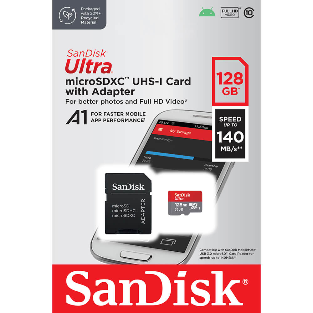 SanDisk SanDisk MicroSDXC Mobil Ultra 128GB 140MB/s Inkl. Adapter - Teknikhallen.se